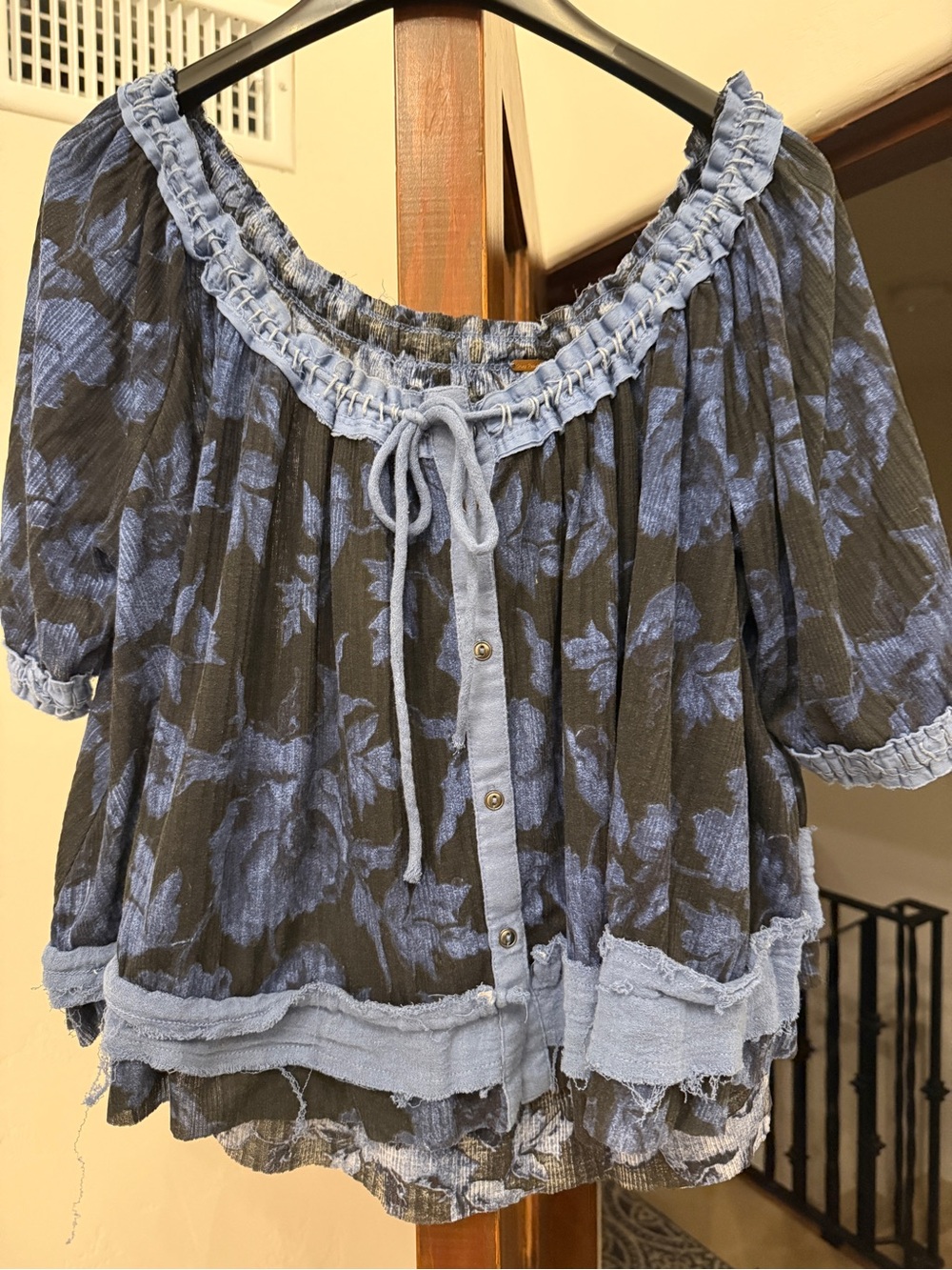 Free People Blue Floral Off-the-Shoulder Peasant Blouse